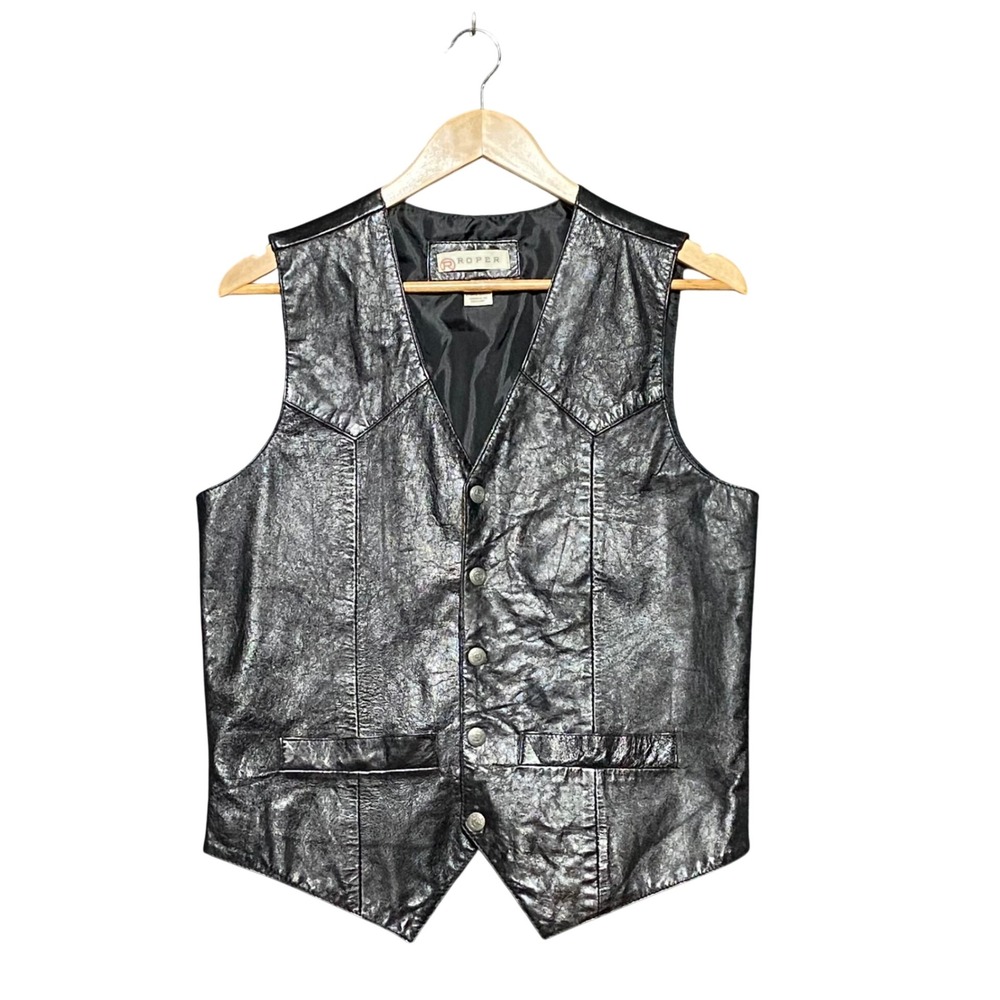 Roper Mens Black Leather Western Vest Small Oklahoma State Seal Snaps Biker Moto